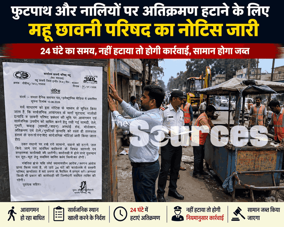 फुटपाथ और नालियों पर अतिक्रमण हटाने के लिए महू छावनी परिषद का नोटिस जारी, 24 घंटे का दिया समय